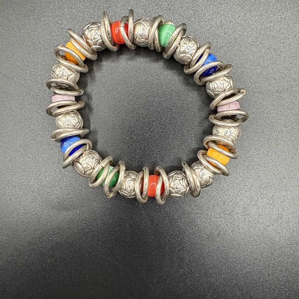 Stretch Bracelet with Silver Tone Beads & Multi Color Cat Eye Beads EUC